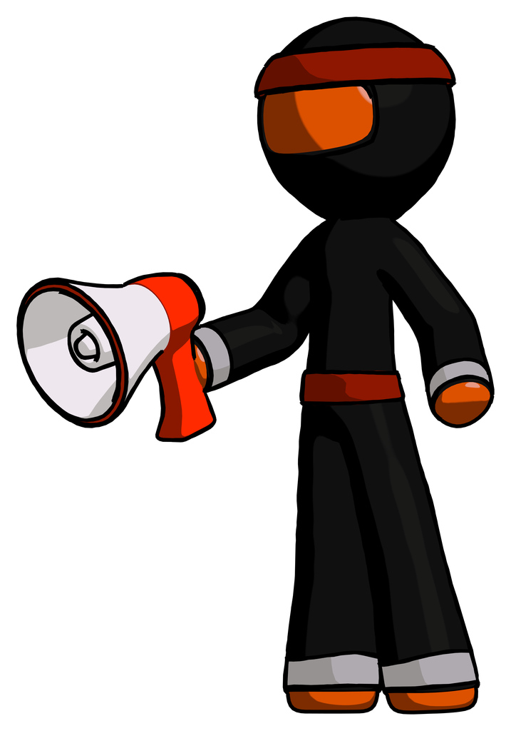 Orange Ninja Warrior Man holding megaphone bullhorn facing right
