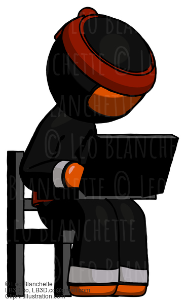 Orange Ninja Warrior Man Using Laptop Computer While Sitting In Chair Angled Right #4743