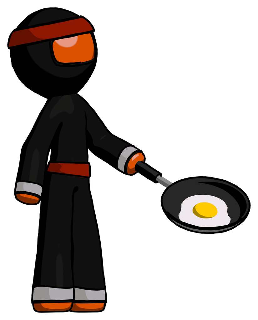 Orange Ninja Warrior Man frying egg in pan or wok facing right