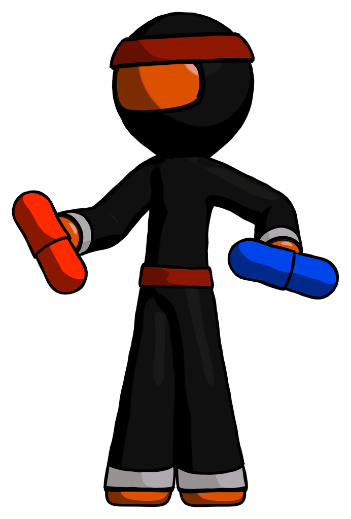 Orange Ninja Warrior Man Red pill or blue pill concept