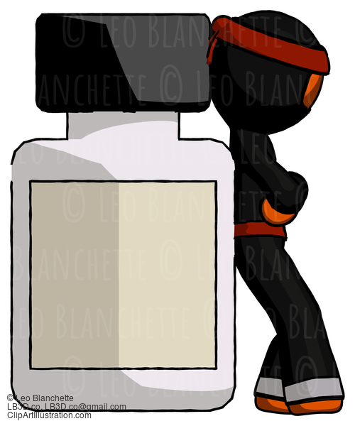 Orange Ninja Warrior Man Leaning Against Large Medicine Bottle #4759