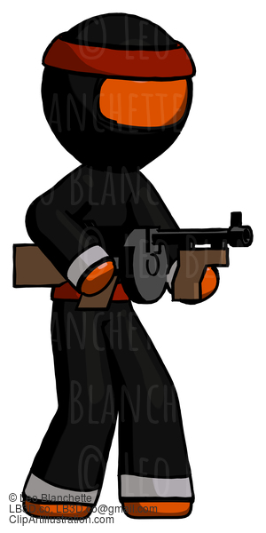 Orange Ninja Warrior Man Tommy Gun Gangster Shooting Pose #4764