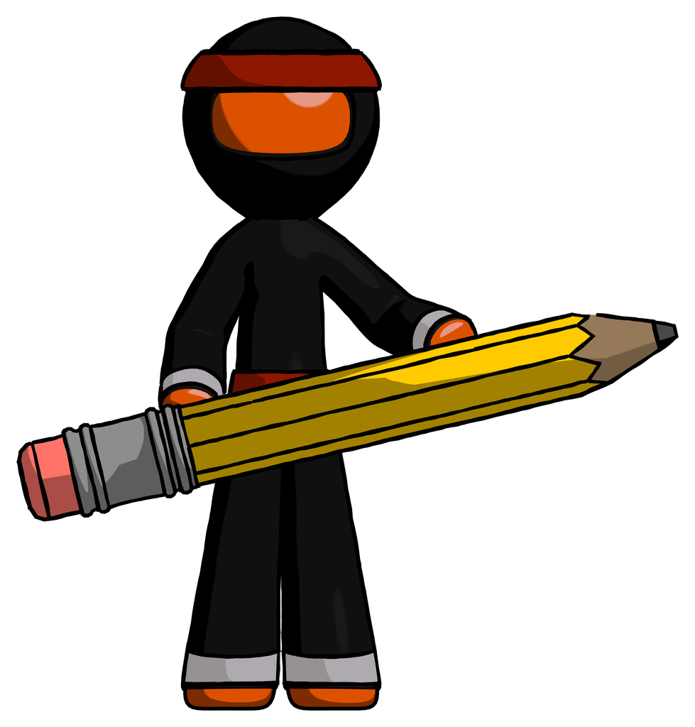 Orange Ninja Warrior Man writer or blogger holding large pencil