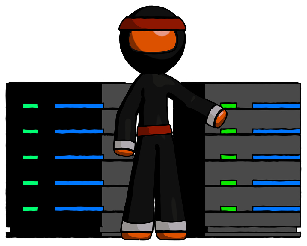 Orange Ninja Warrior Man With Server Racks, In Front Of Two Networked Systems