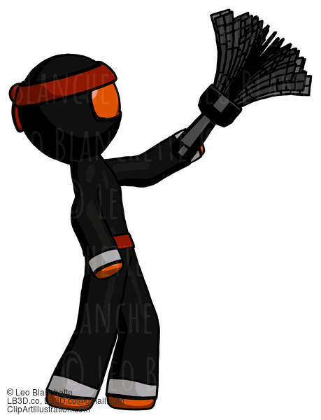 Orange Ninja Warrior Man Dusting With Feather Duster Upwards #4779