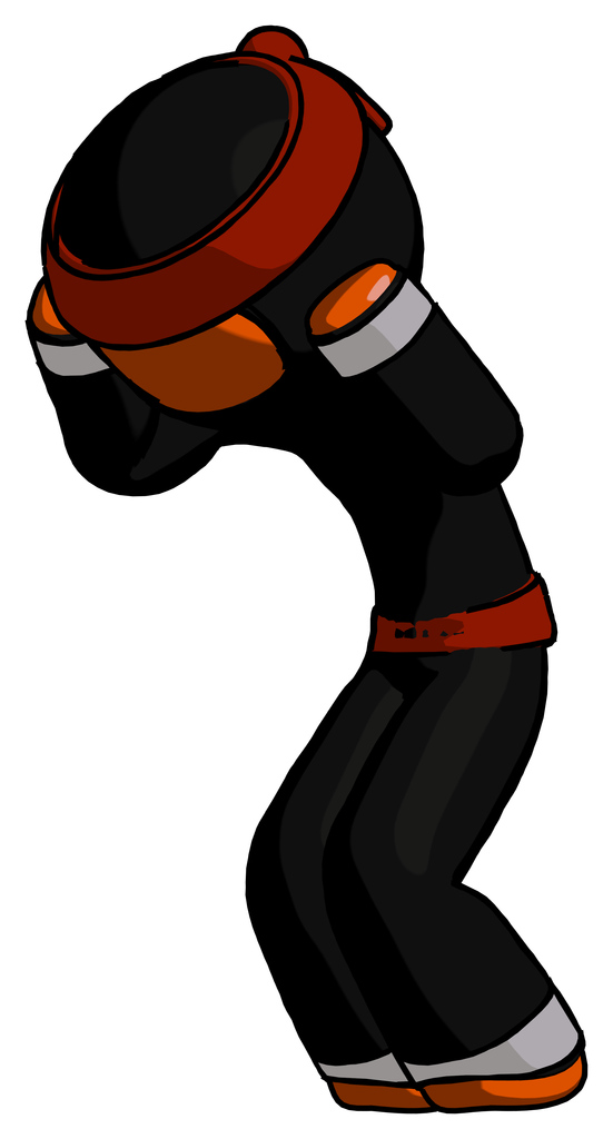 Orange Ninja Warrior Man with Headache or Covering Ears Turned to His Left