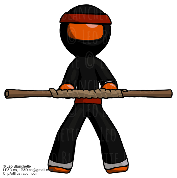 Orange Ninja Warrior Man Bo Staff Kung Fu Defense Pose #4784