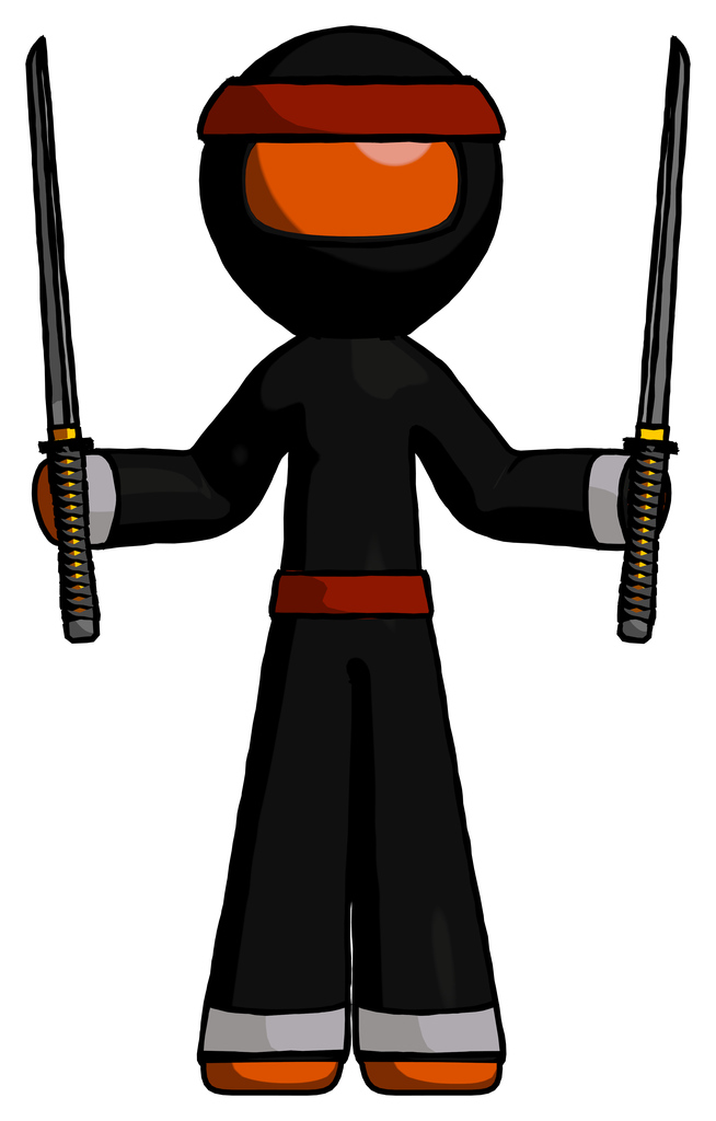 Orange Ninja Warrior Man posing with two ninja sword katanas up