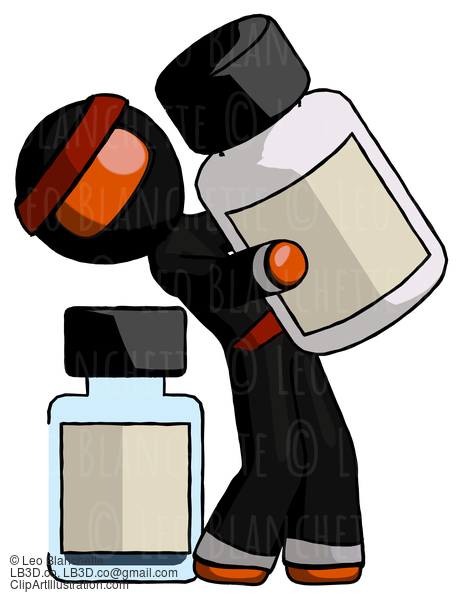 Orange Ninja Warrior Man Holding Large White Medicine Bottle With Bottle In Background #4795