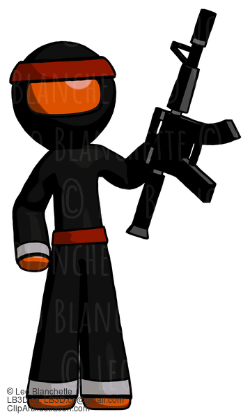 Orange Ninja Warrior Man Holding Automatic Gun #4796