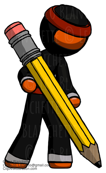 Orange Ninja Warrior Man Writing With Large Pencil #4798