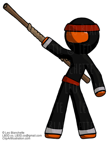 Orange Ninja Warrior Man Bo Staff Pointing Up Pose #4800