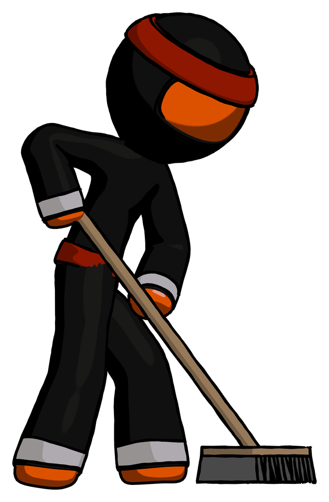 Orange Ninja Warrior Man cleaning services janitor sweeping side view