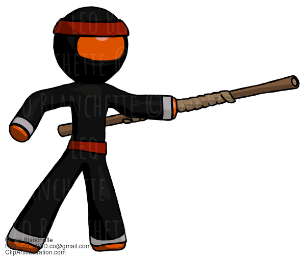 Orange Ninja Warrior Man Bo Staff Pointing Right Kung Fu Pose #4804