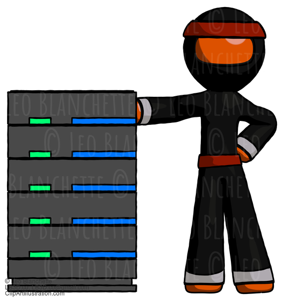 Orange Ninja Warrior Man With Server Rack Leaning Confidently Against It #4813