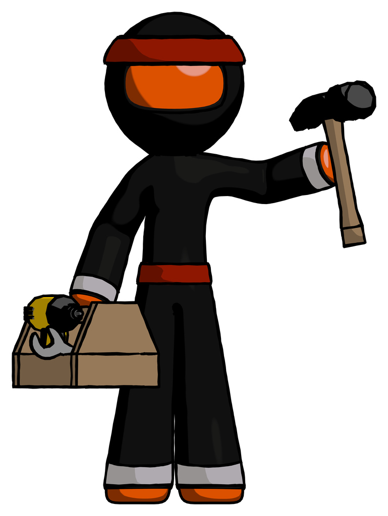 Orange Ninja Warrior Man Holding Tools And Toolchest Ready To Work
