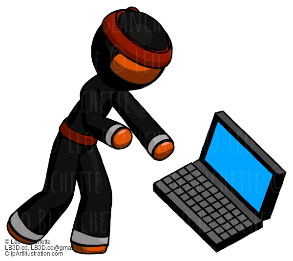 Orange Ninja Warrior Man Throwing Laptop Computer In Frustration #4821