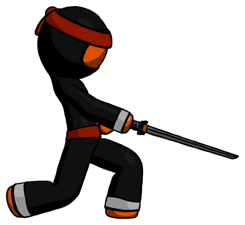 Orange Ninja Warrior Man with ninja sword katana slicing or striking something
