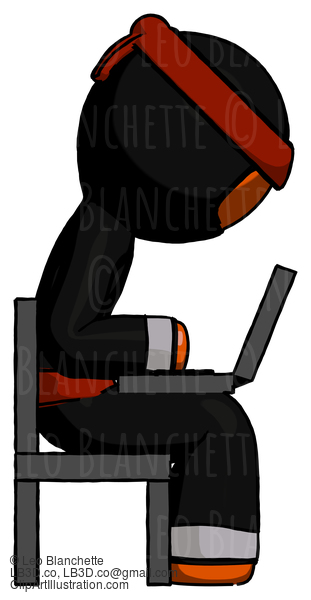 Orange Ninja Warrior Man Using Laptop Computer While Sitting In Chair View From Side #4837