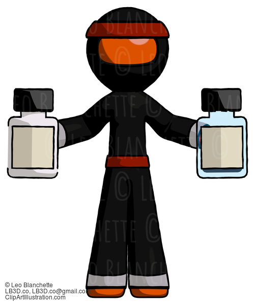 Orange Ninja Warrior Man Holding Two Medicine Bottles #4847