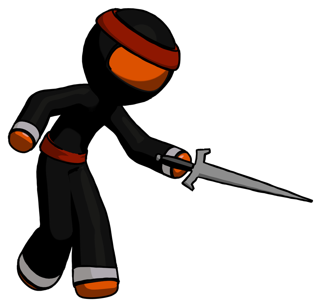 Orange Ninja Warrior Man sword pose stabbing or jabbing