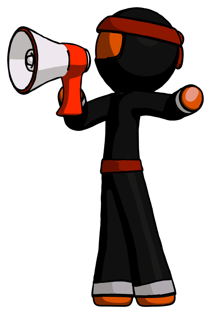 Orange Ninja Warrior Man shouting into megaphone bullhorn facing left