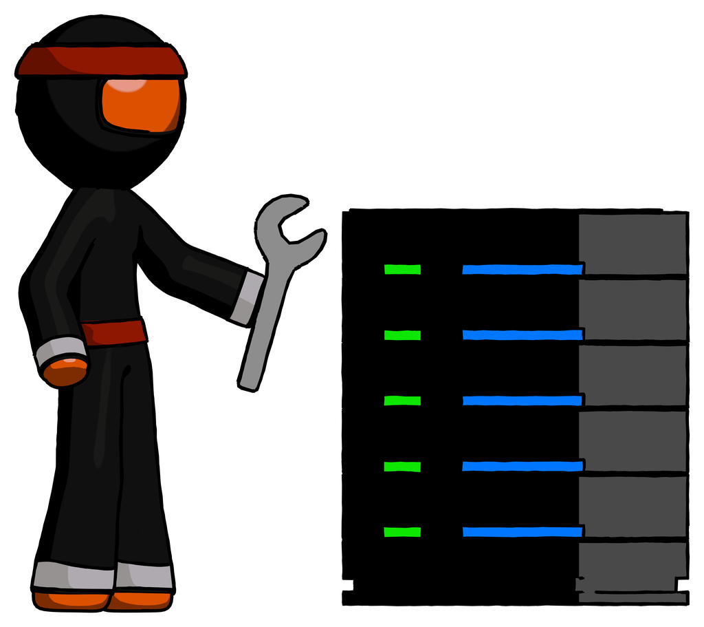 Orange Ninja Warrior Man Server Administrator Doing Repairs