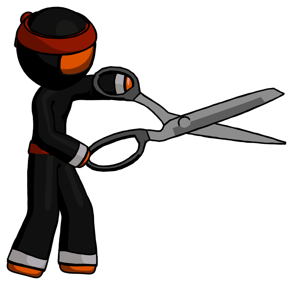 Orange Ninja Warrior Man holding giant scissors cutting out something