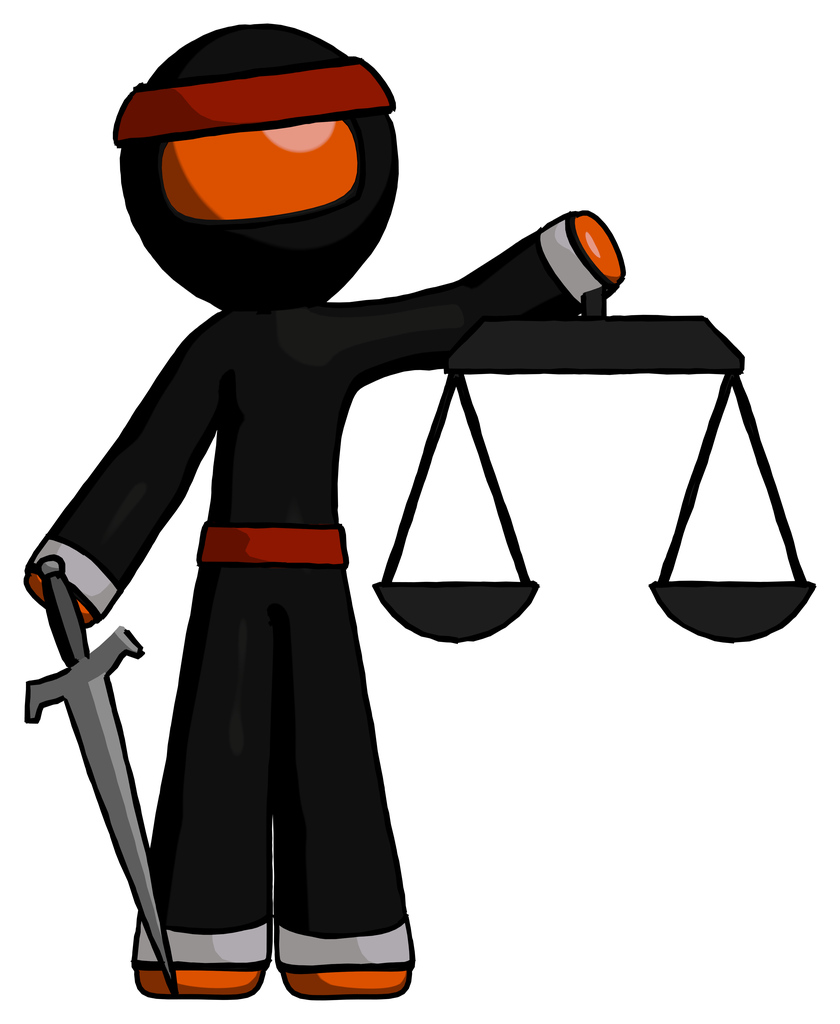 Orange Ninja Warrior Man justice concept with scales and sword, justicia derived
