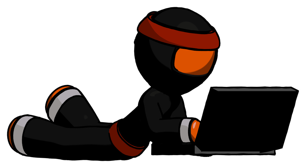 Orange Ninja Warrior Man using laptop computer while lying on floor side angled view