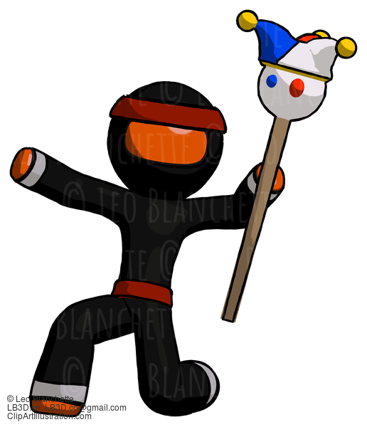 Orange Ninja Warrior Man Holding Jester Staff Posing Charismatically #4867