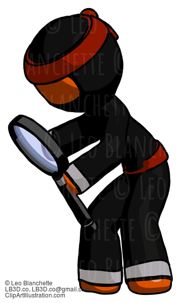 Orange Ninja Warrior Man Inspecting With Large Magnifying Glass Left #4868