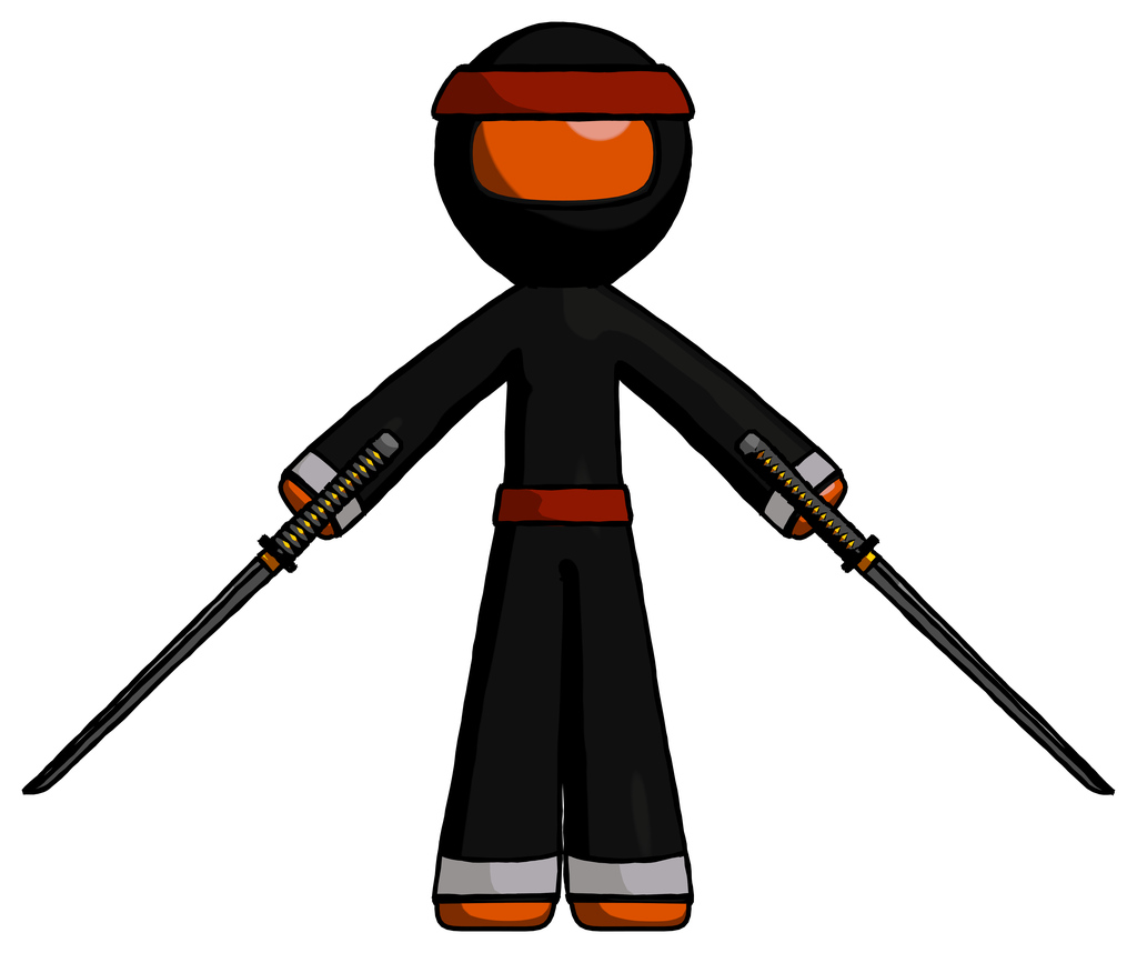 Orange Ninja Warrior Man posing with two ninja sword katanas