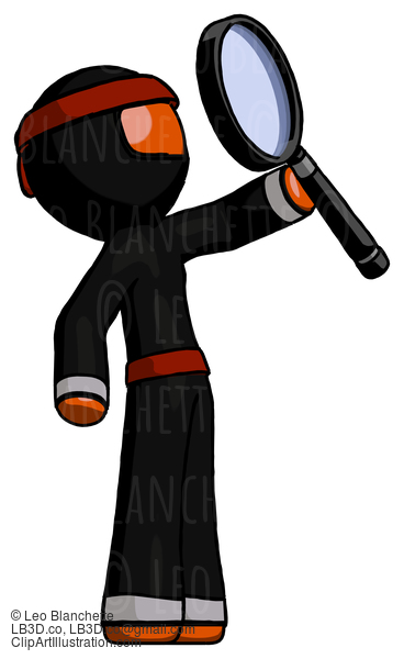 Orange Ninja Warrior Man Inspecting With Large Magnifying Glass Facing Up #4880