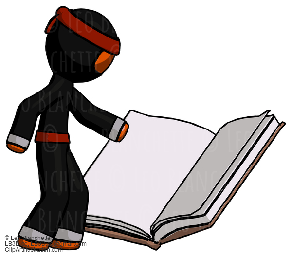 Orange Ninja Warrior Man Reading Big Book While Standing Beside It #4881