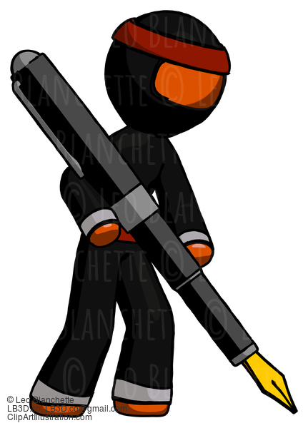 Orange Ninja Warrior Man Drawing Or Writing With Large Calligraphy Pen #4884
