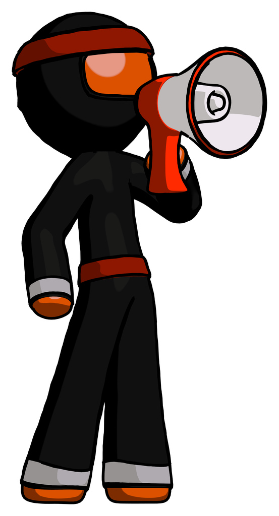 Orange Ninja Warrior Man shouting into megaphone bullhorn facing right