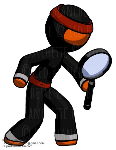 Orange Ninja Warrior Man Inspecting With Large Magnifying Glass Right #4888