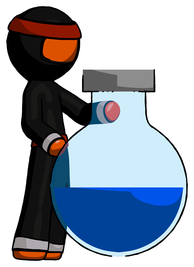 Orange Ninja Warrior Man Standing Beside Large Round Flask Or Beaker