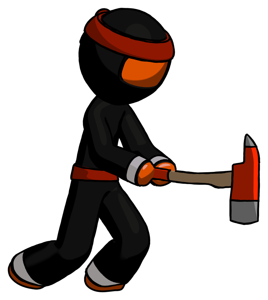 Orange Ninja Warrior Man with ax hitting, striking, or chopping