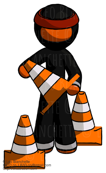 Orange Ninja Warrior Man Holding A Traffic Cone #4901