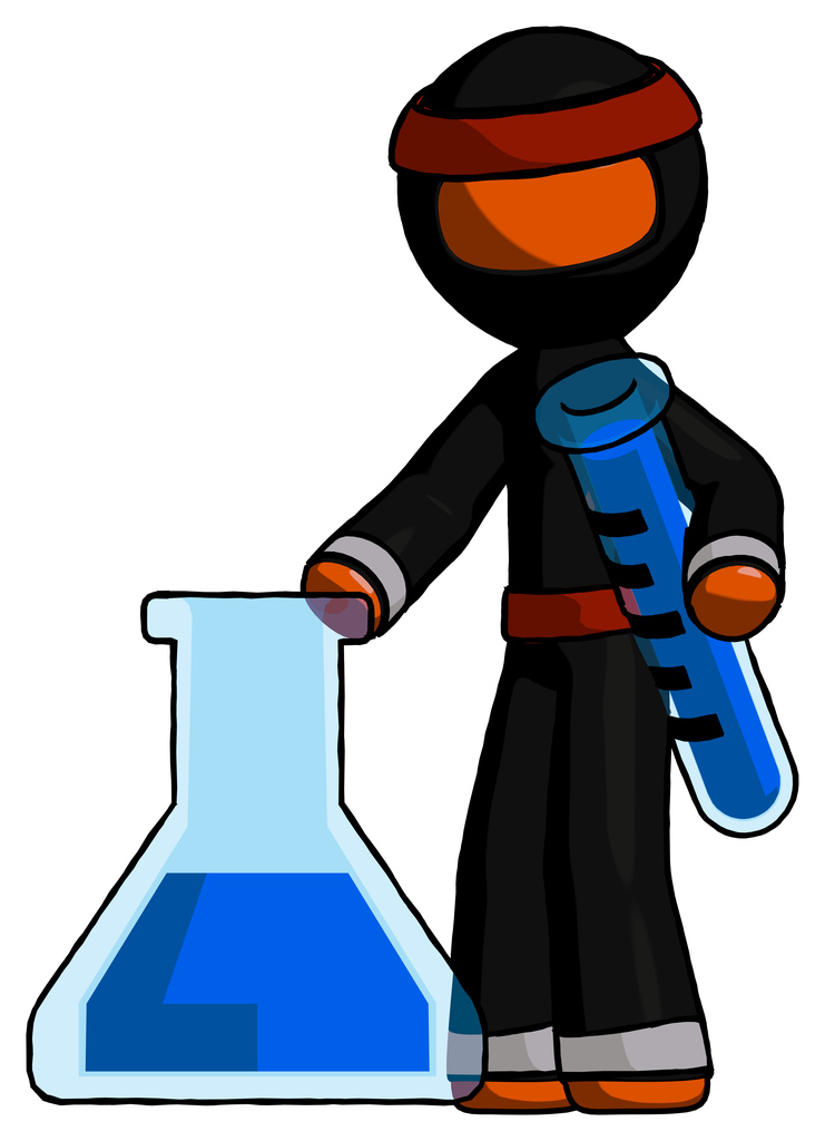Orange Ninja Warrior Man Holding Test Tube Beside Beaker Or Flask