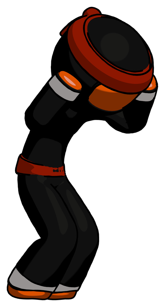 Orange Ninja Warrior Man with Headache or Covering Ears Turned to his Right