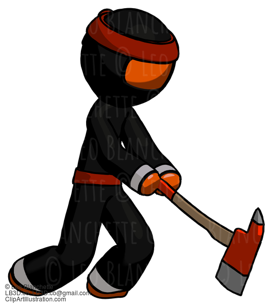 Orange Ninja Warrior Man Striking With A Red Firefighter’S Ax #4912