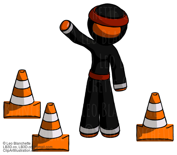 Orange Ninja Warrior Man Standing By Traffic Cones Waving #4916