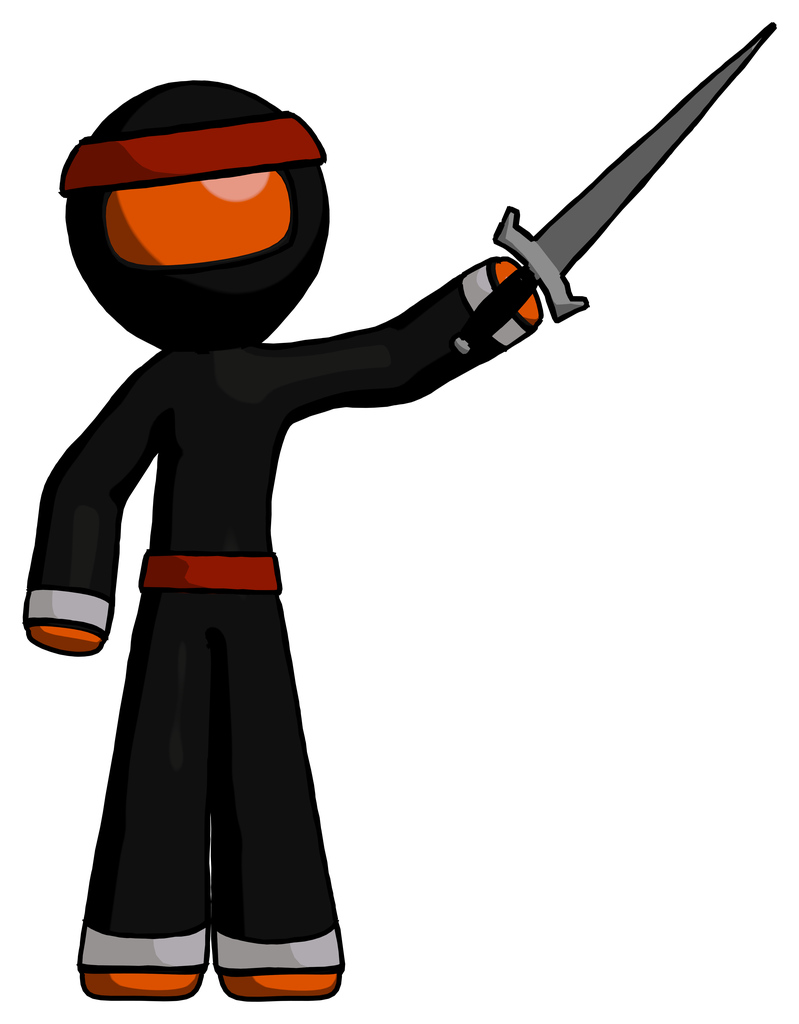 Orange Ninja Warrior Man holding sword in the air victoriously