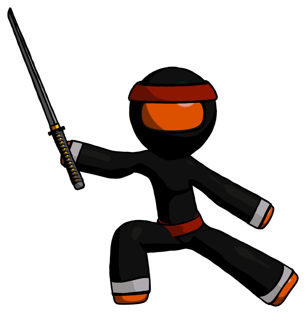 Orange Ninja Warrior Man with ninja sword katana in defense pose