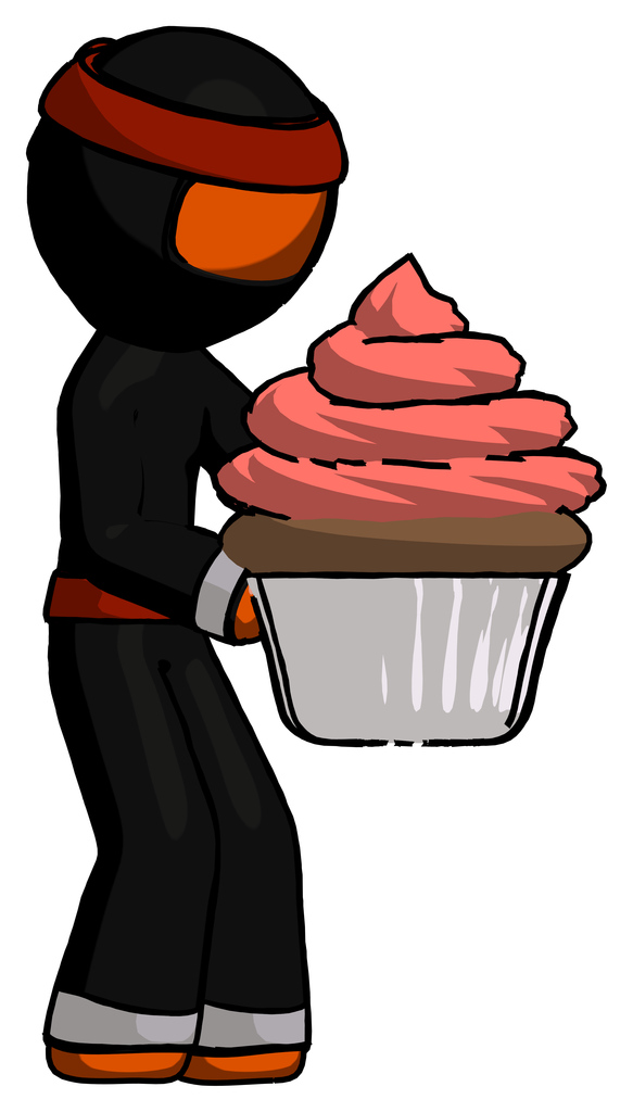 Orange Ninja Warrior Man holding large cupcake ready to eat or serve