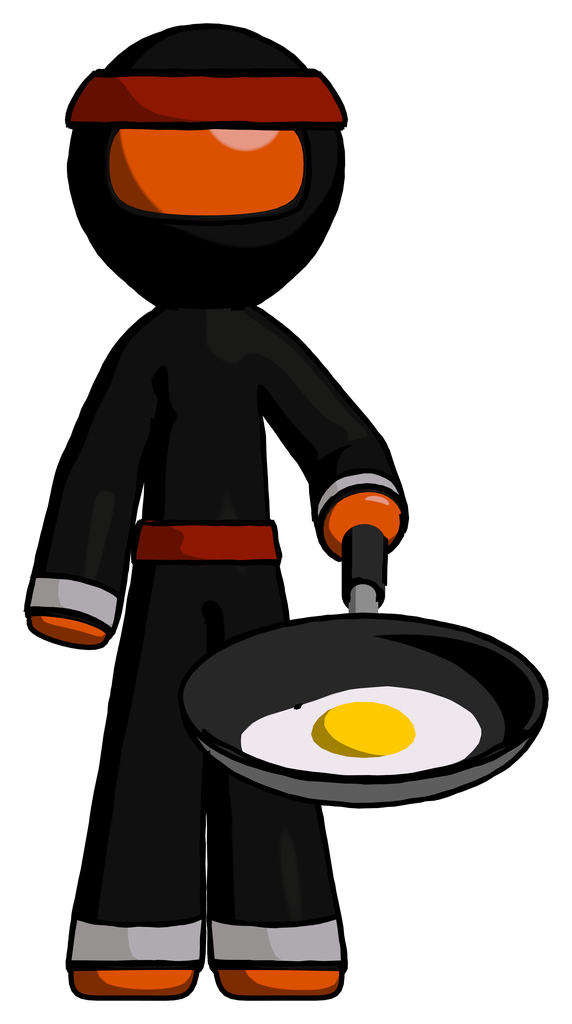 Orange Ninja Warrior Man frying egg in pan or wok