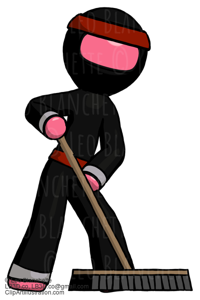 Pink Ninja Warrior Man Cleaning Services Janitor Sweeping Floor With Push Broom #4953